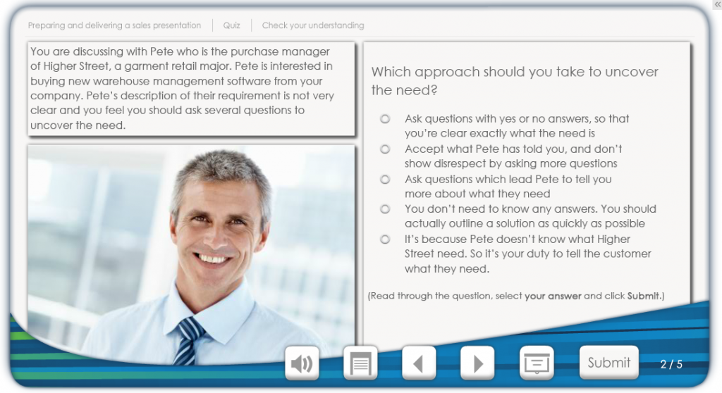 Case studies and sales scenarios are used to explore learning