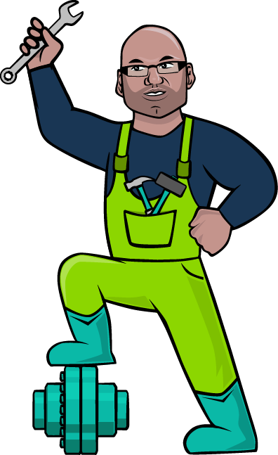 A man in overalls standing on a clutch. He has tools in his front pocket and is holding a spanner aloft.