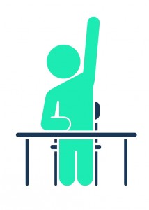 Man sitting at desk with his hand up