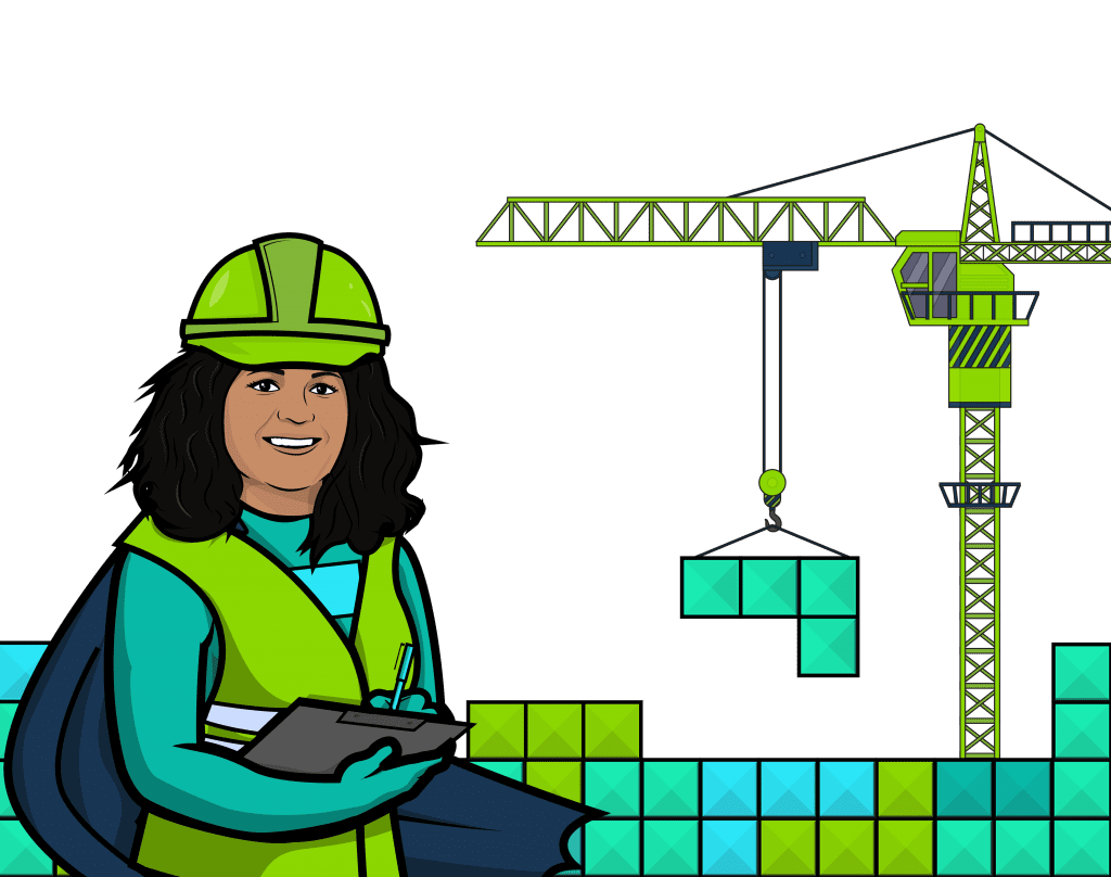 A construction worker stands with a notepad as a crane lifts tetris blocks into place. 