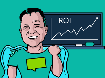 Someone stood in front of a whiteboard with a graph showing return on investment. He is doing an underhand pump because the graph shows a positive trend.