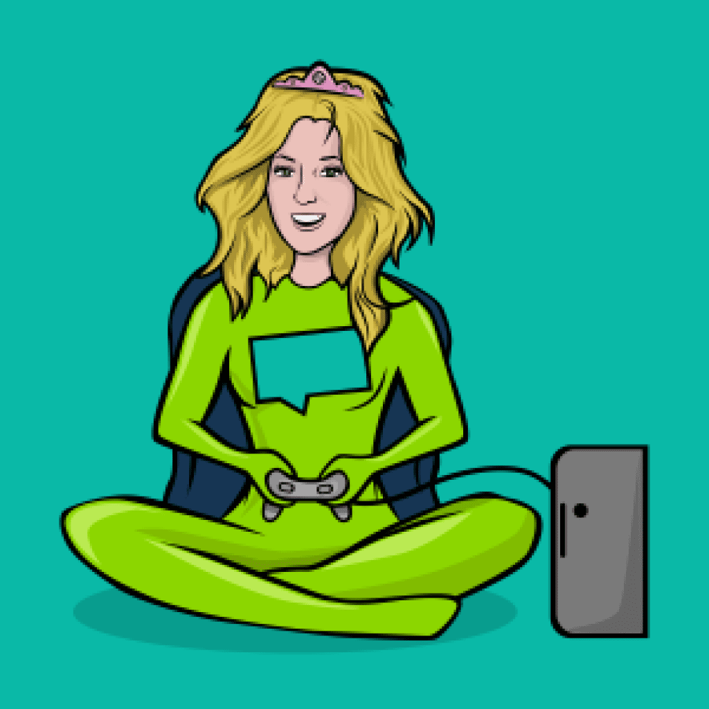 A superhero playing a videogame with a joystick controller and a tiara.