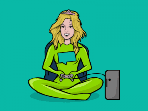 A superhero playing a videogame with a joystick controller and a tiara.