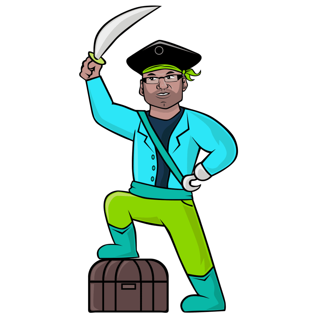 A pirate wearing ablur jacket and resting a leg on a barrel. He has a sword and a hook.