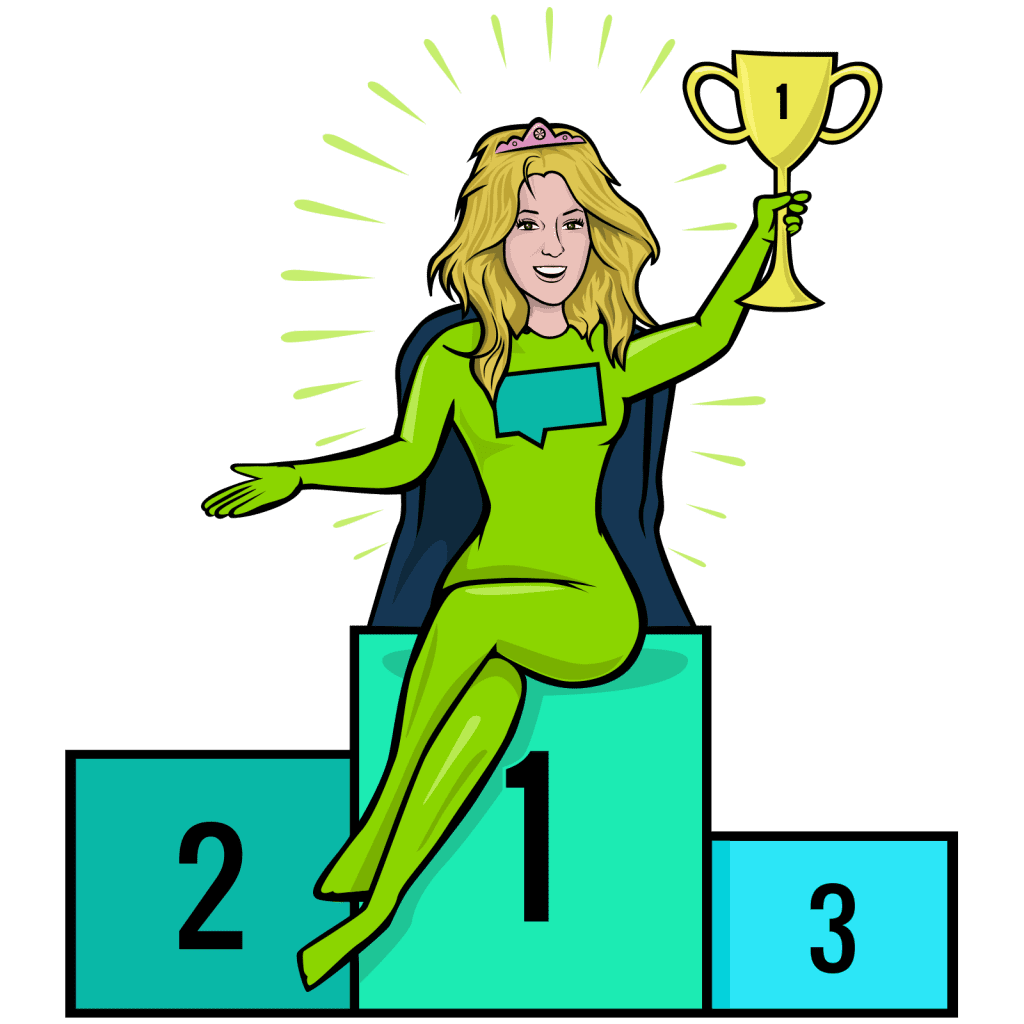 A superhero holding a trophy sat on top of a podium.