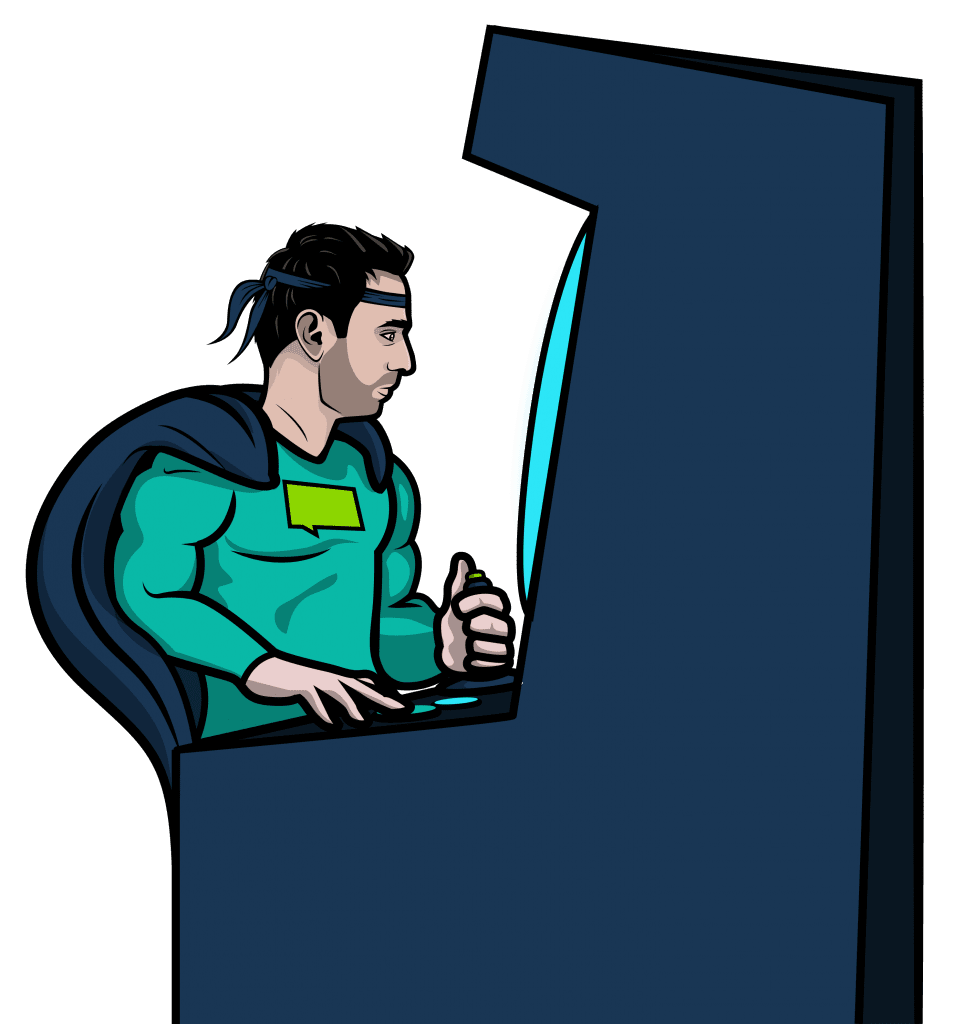 A superhero playing a learning game on an arcade machine.