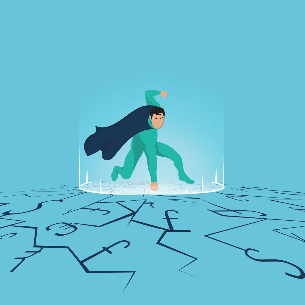 A superhero hitting the floor causing an earthquake. The cracks resemble different currencies.