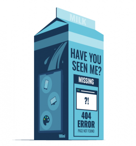 A milk carton with missing 404 error on it 