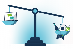 A pair of scales with work on one side and things to do with life on the other representing how hard it can be to balance both while remote working 