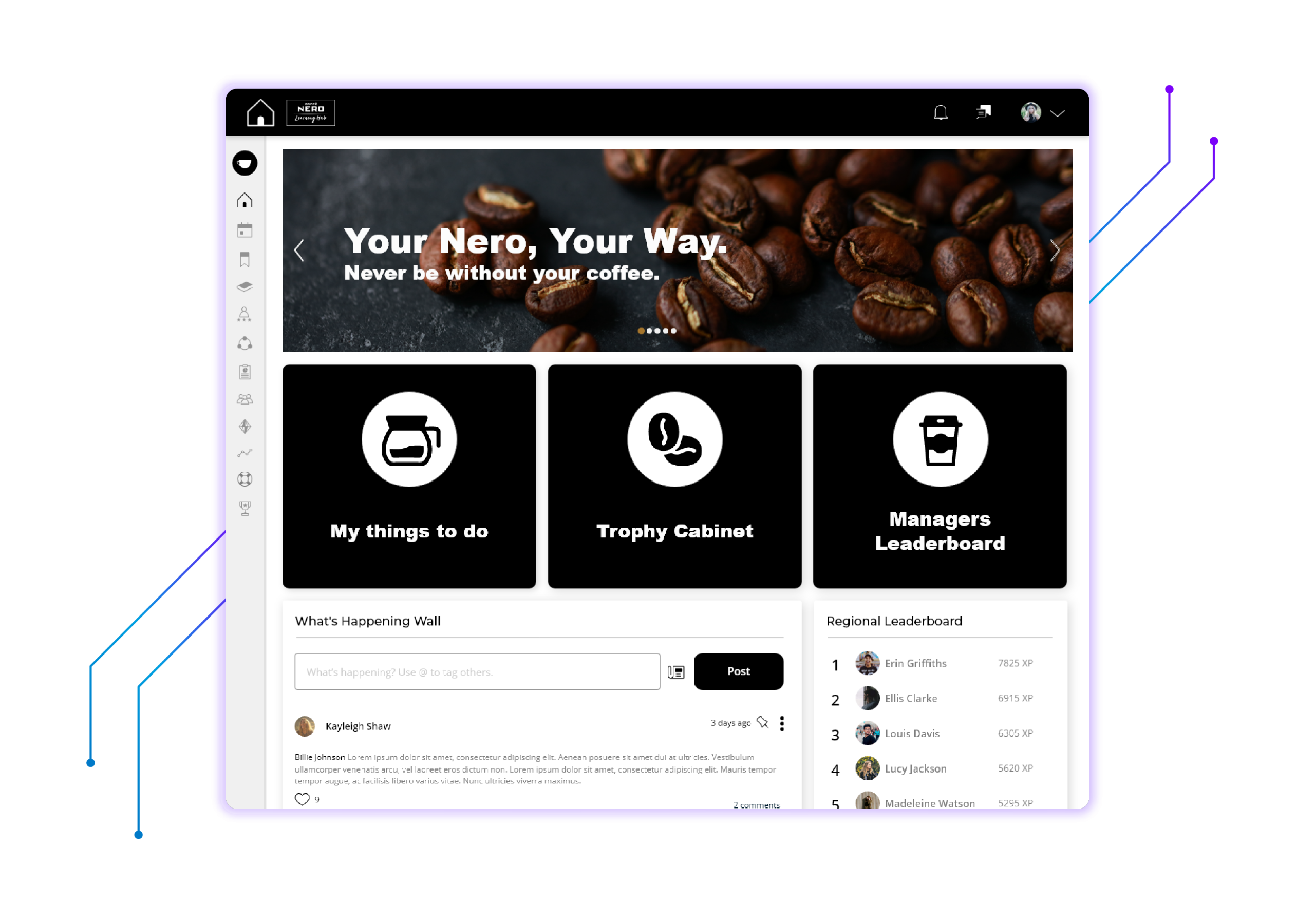 Caffè Nero LMS Dashboard with coffee bean banner, Your Barista Your Way header, and activity feed