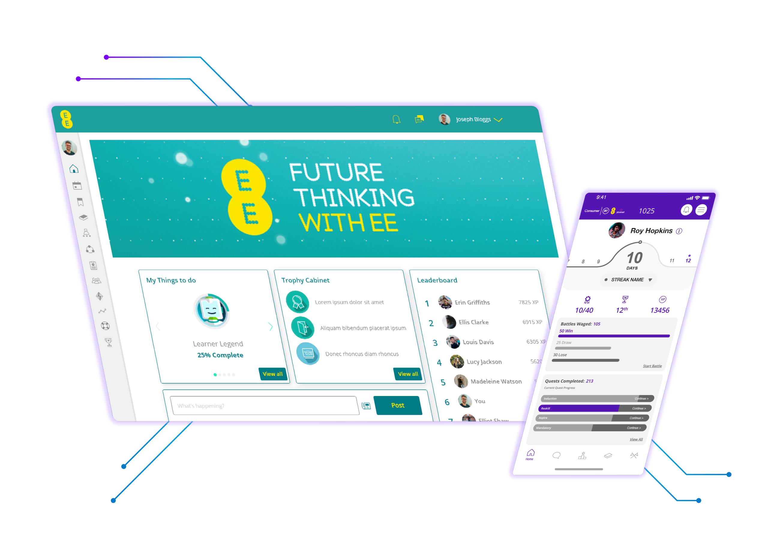 EE and BT Future Thinking LMS dashboard and app with white logos
