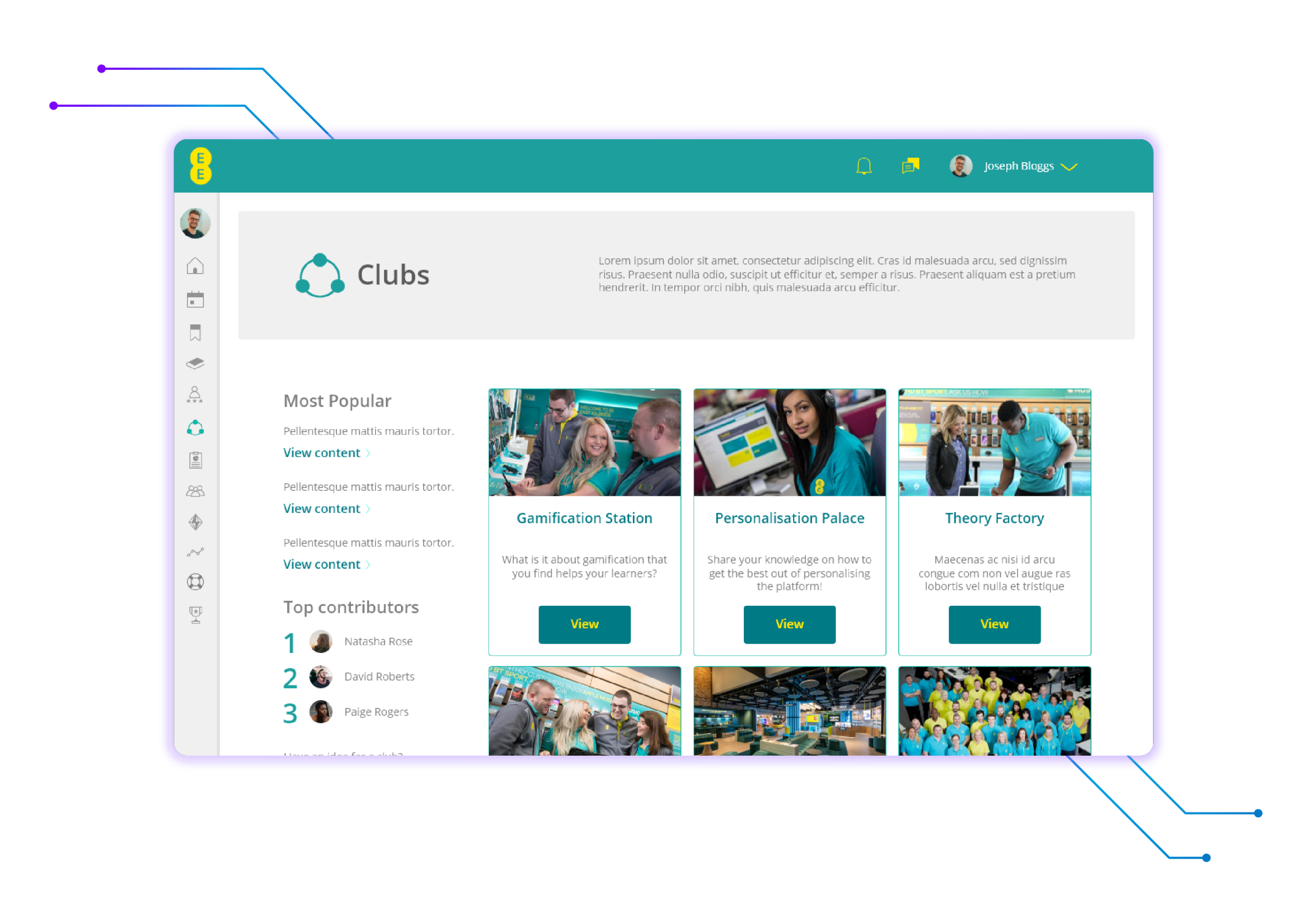 EE LMS Clubs page showing social learning spaces including Gamification Station and Personalisation Palace