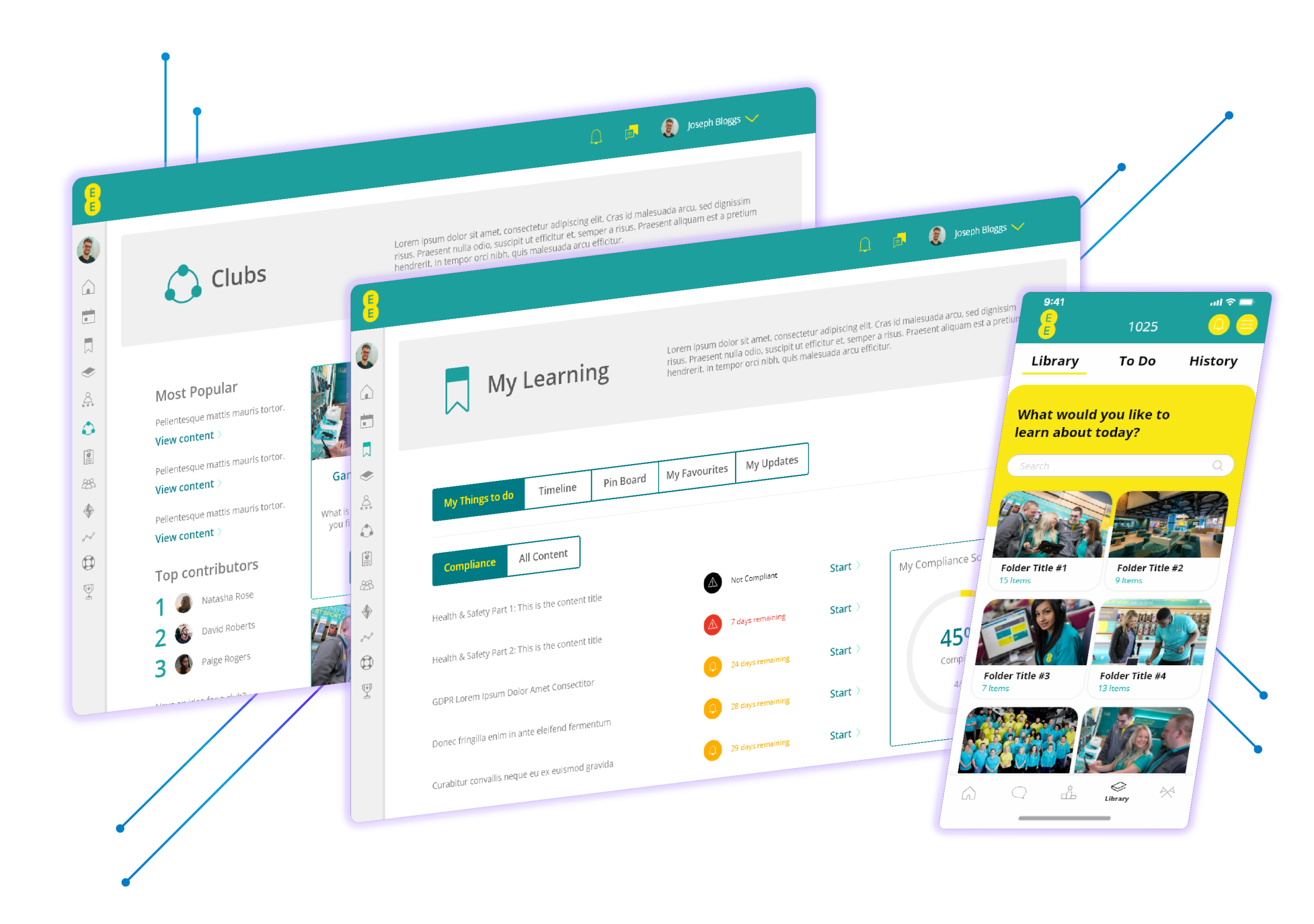 EE LMS and app showing Clubs, My Learning dashboard, and mobile Library