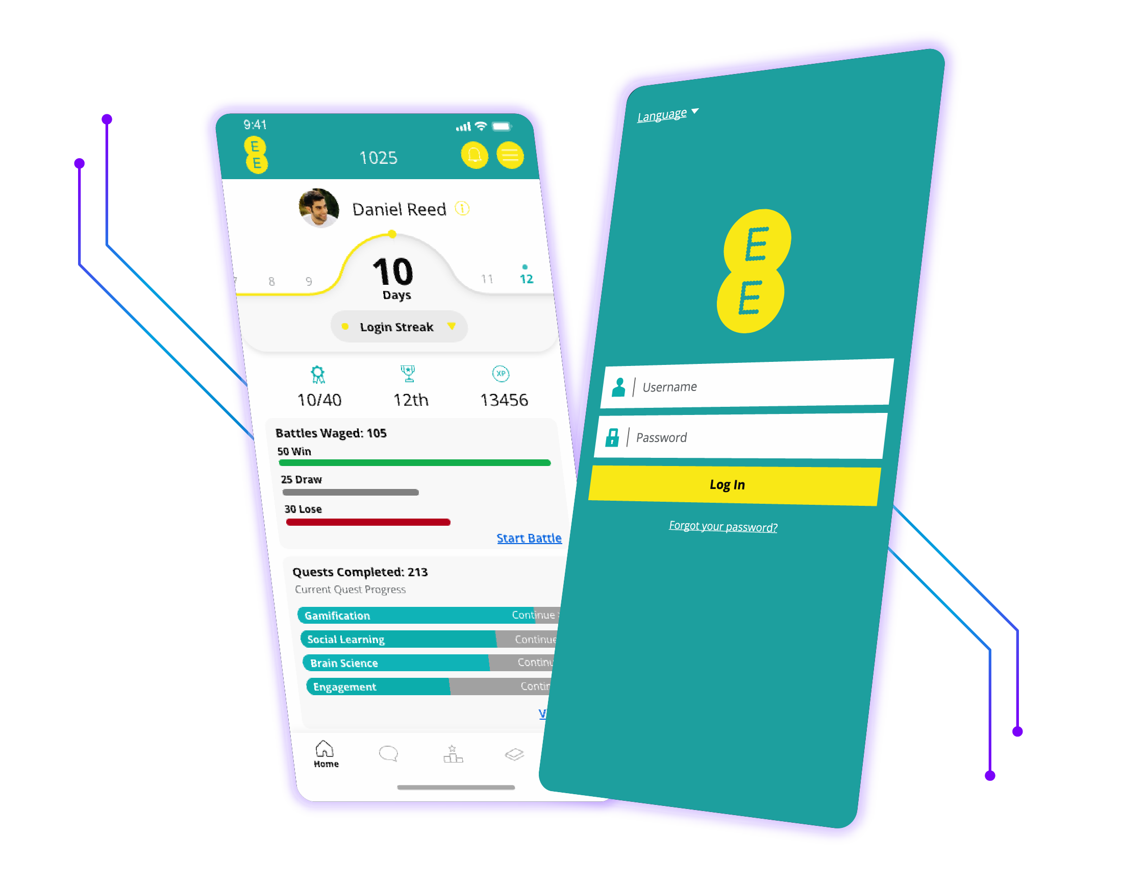EE Digital Academy app showing Login screen and Scorecard