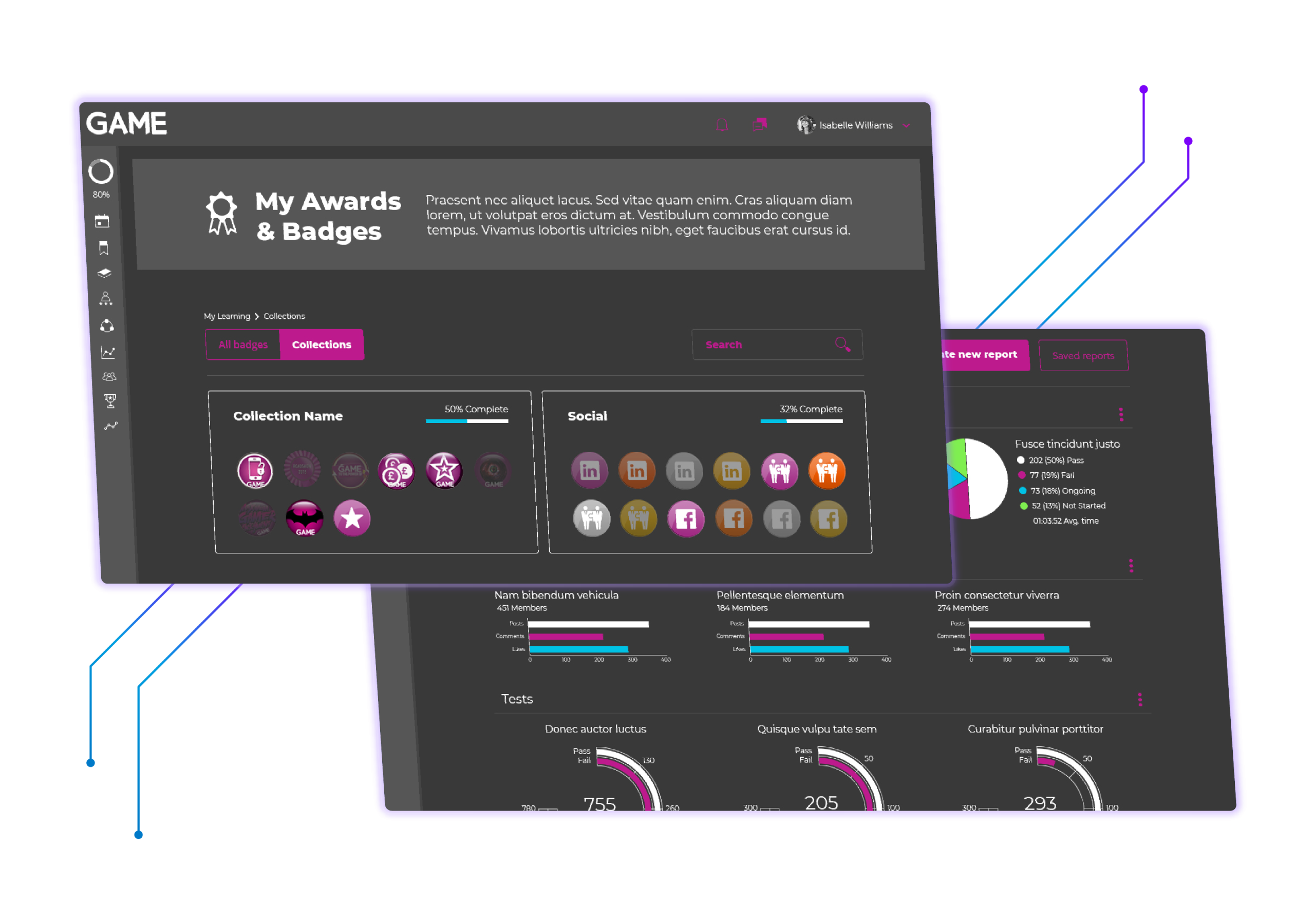 GAME LMS Awards and Badges reporting screens with charts and achievement badges