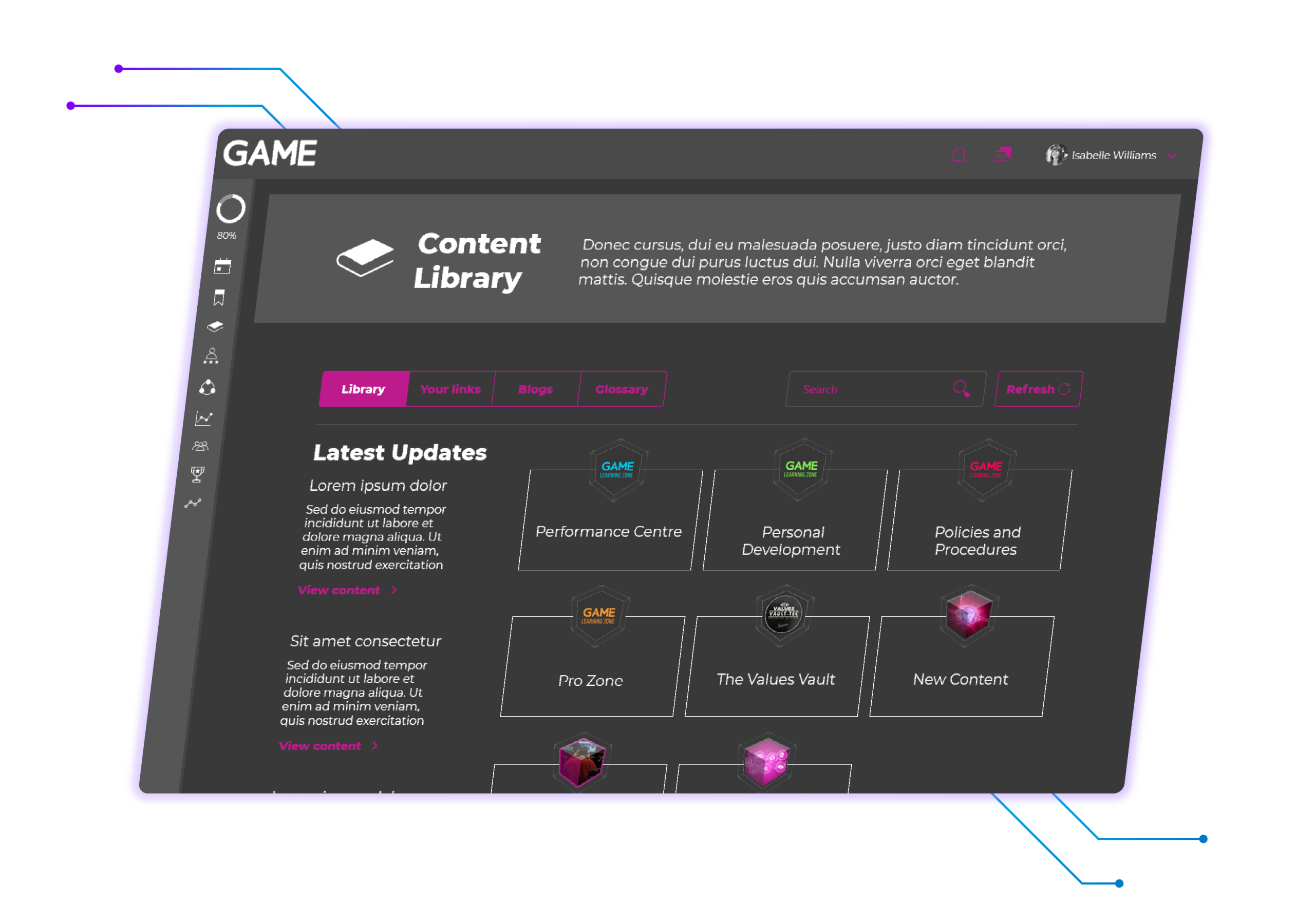 GAME Content Library page showing content items and categories in dark mode