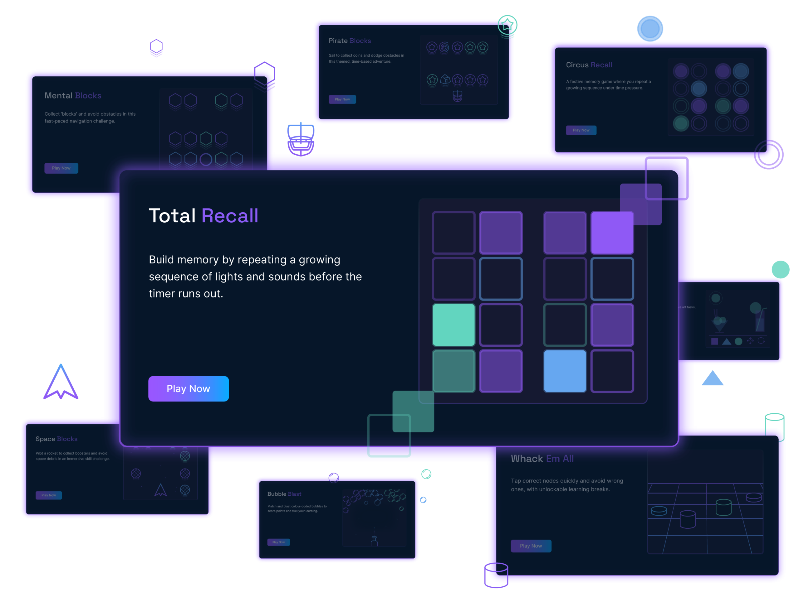 Growth Engineering Authoring Tool game templates including Total Recall, Mental Blocks, and Bubble Blaster displayed with neural network visual elements