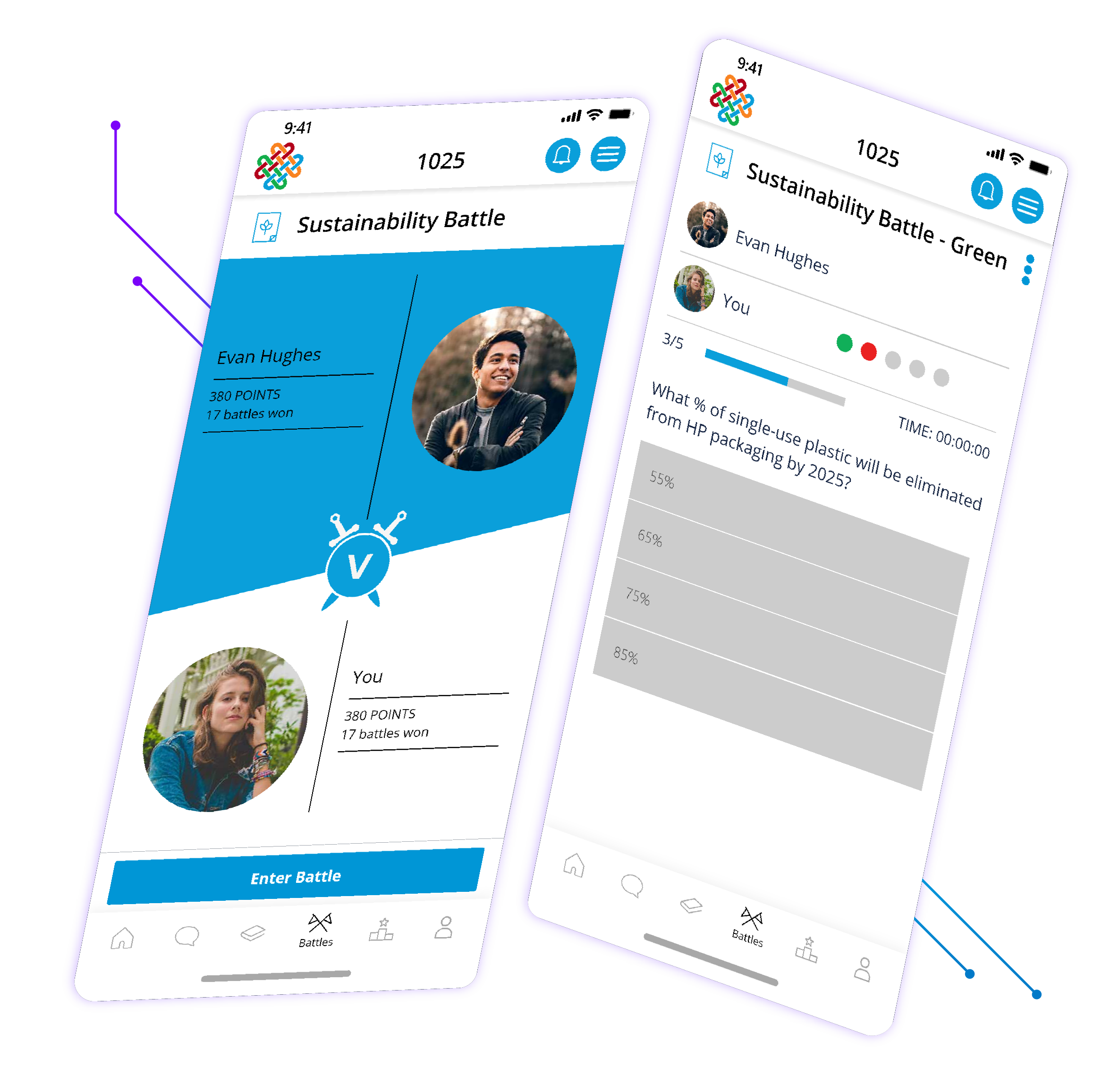 HP Uni App Battles functionality showing Sustainability Battle matchup and quiz