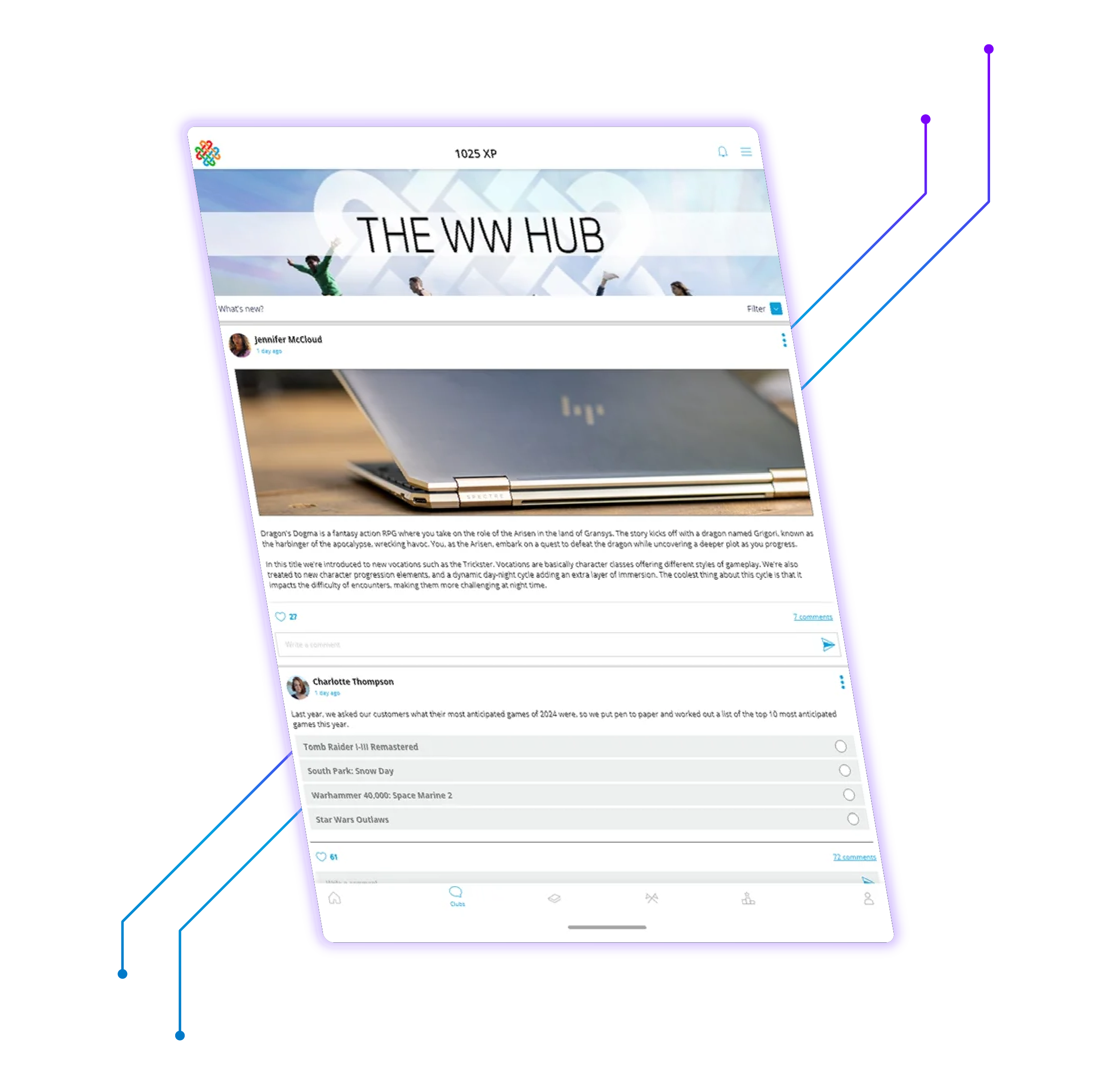 HP Uni App tablet showing The WW Hub Clubs social feed