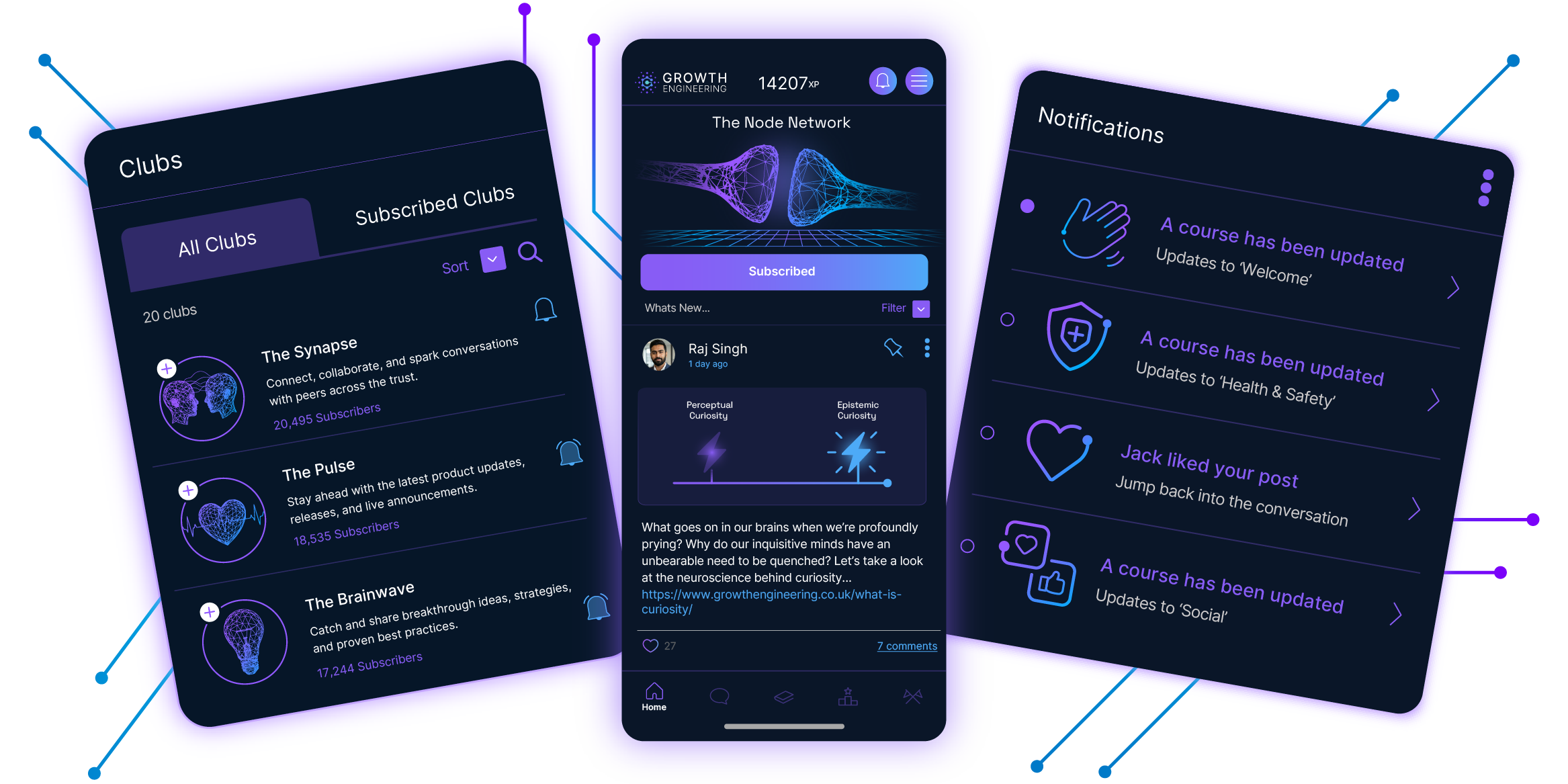 Growth Engineering Learning App showing Clubs, social feed, and notifications on three mobile screens