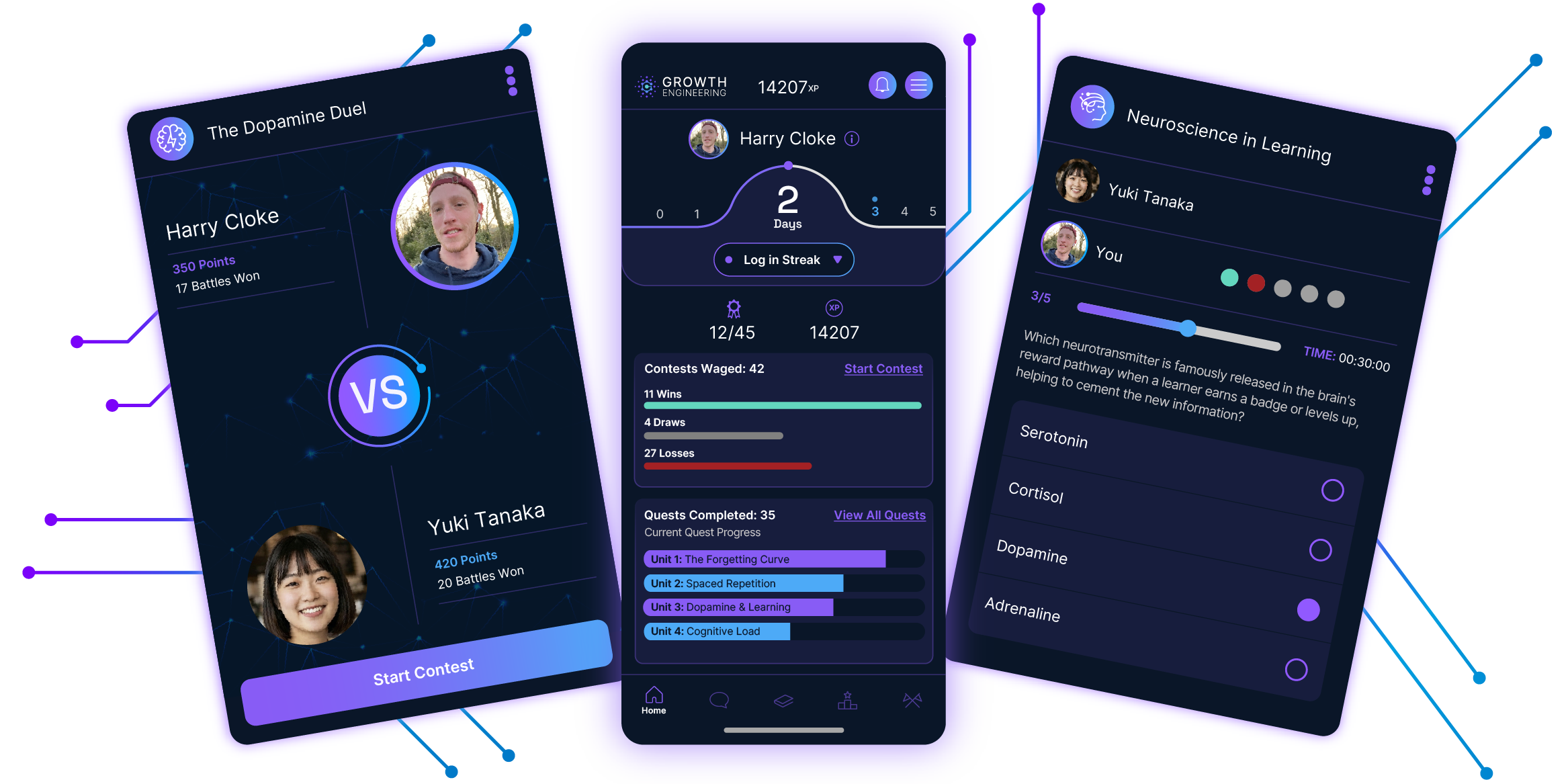 Growth Engineering mobile app showing Dopamine Duel, scorecard with streaks, and neuroscience content