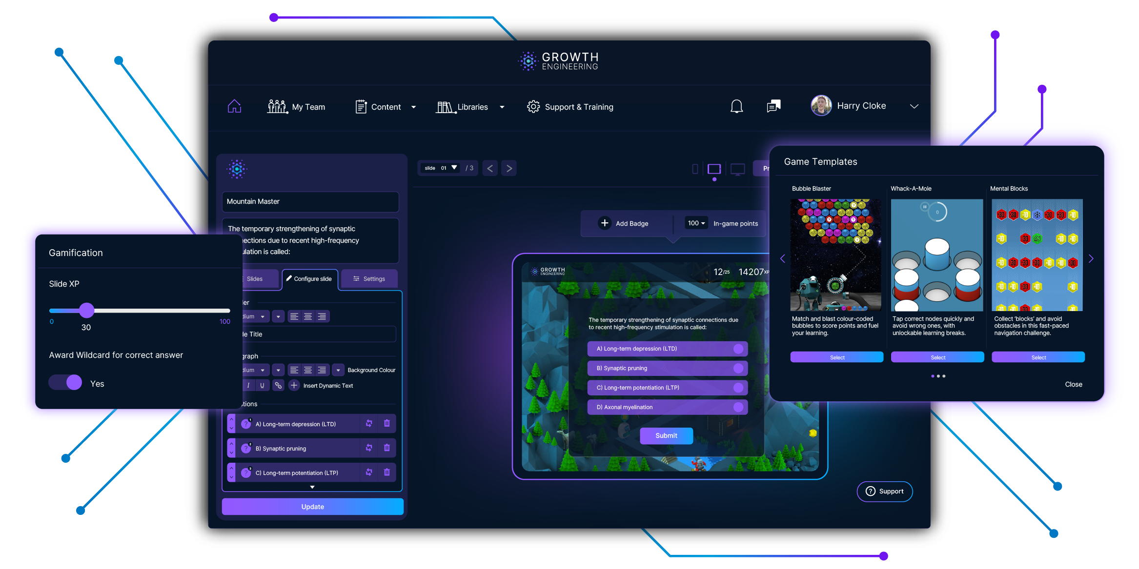 Growth Engineering Authoring Tool showing gamification settings, content builder, and game templates