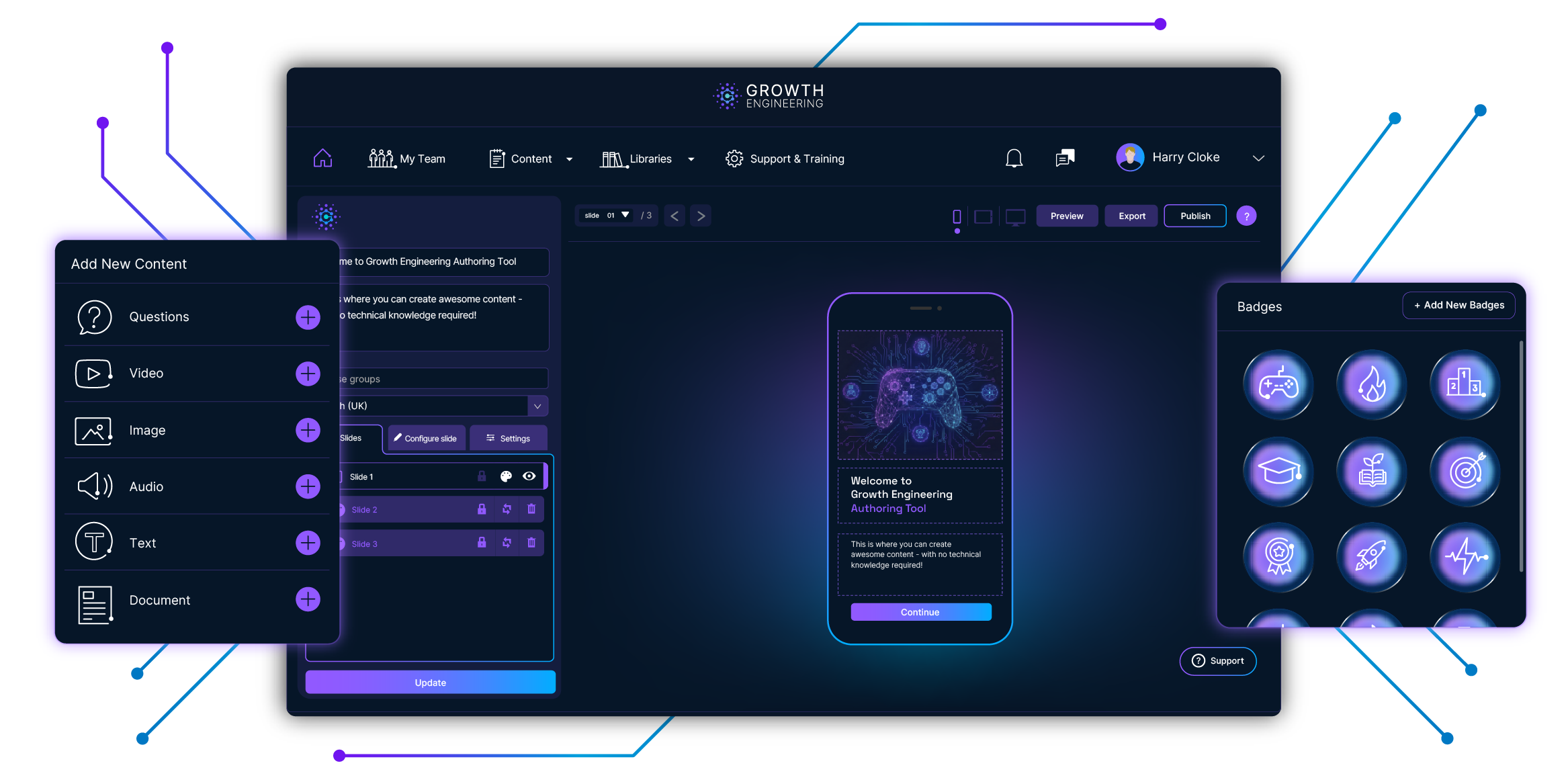 Growth Engineering Authoring Tool showing content type menu, mobile game preview, and game template selection screens