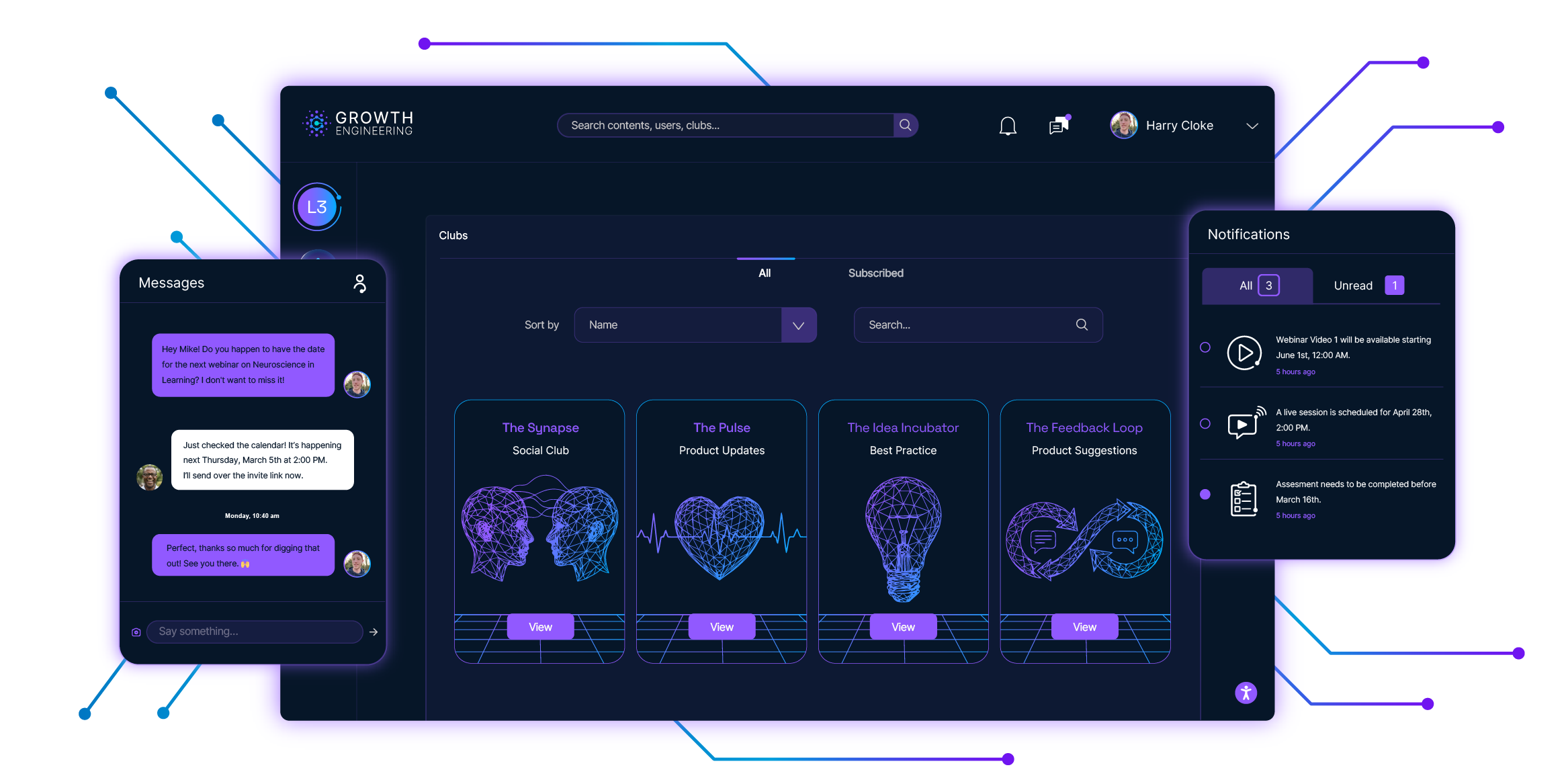 Growth Engineering LMS showing Messages panel, social learning Clubs, and Notifications
