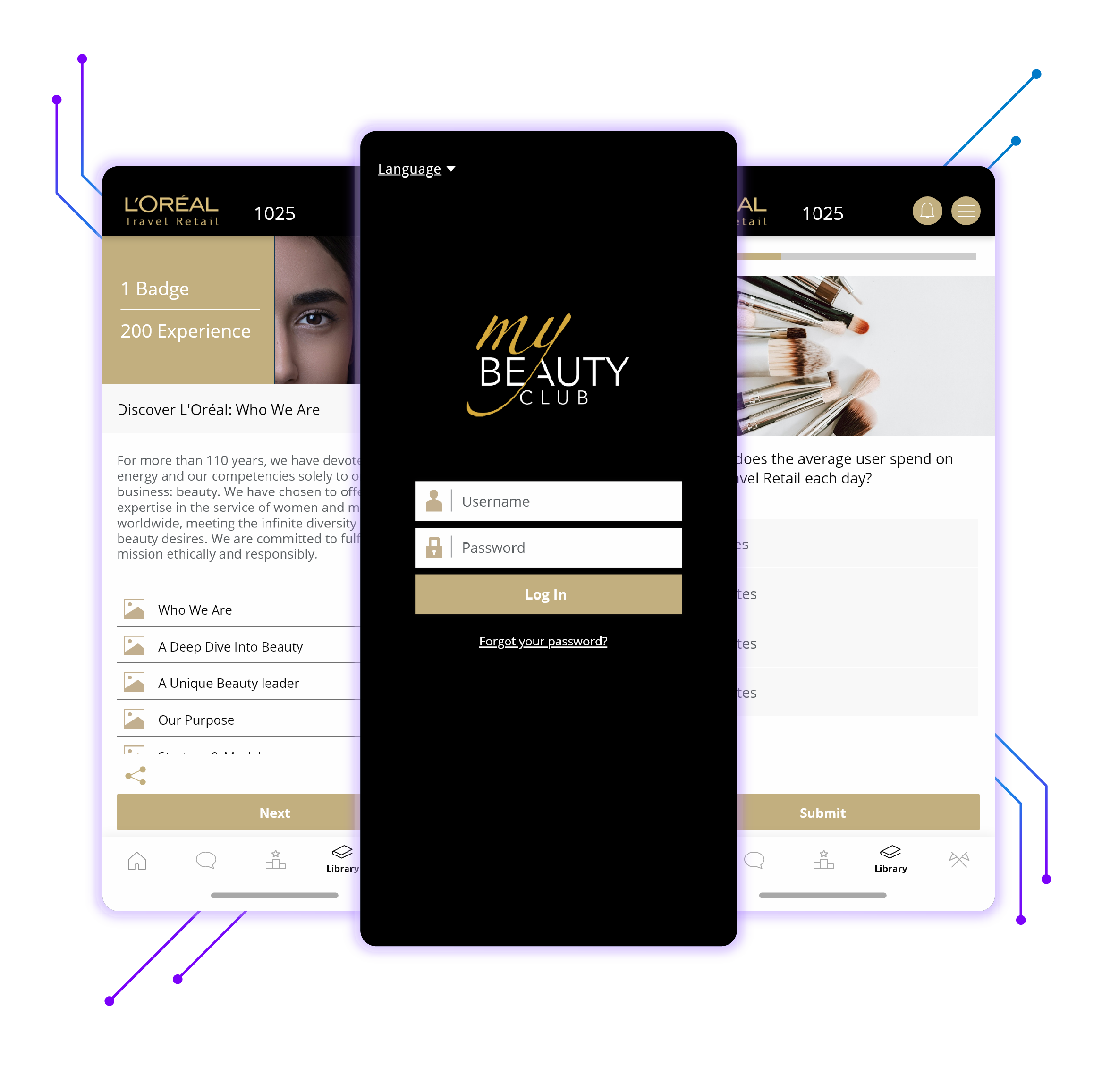 L'Oréal app login, library, and content screens