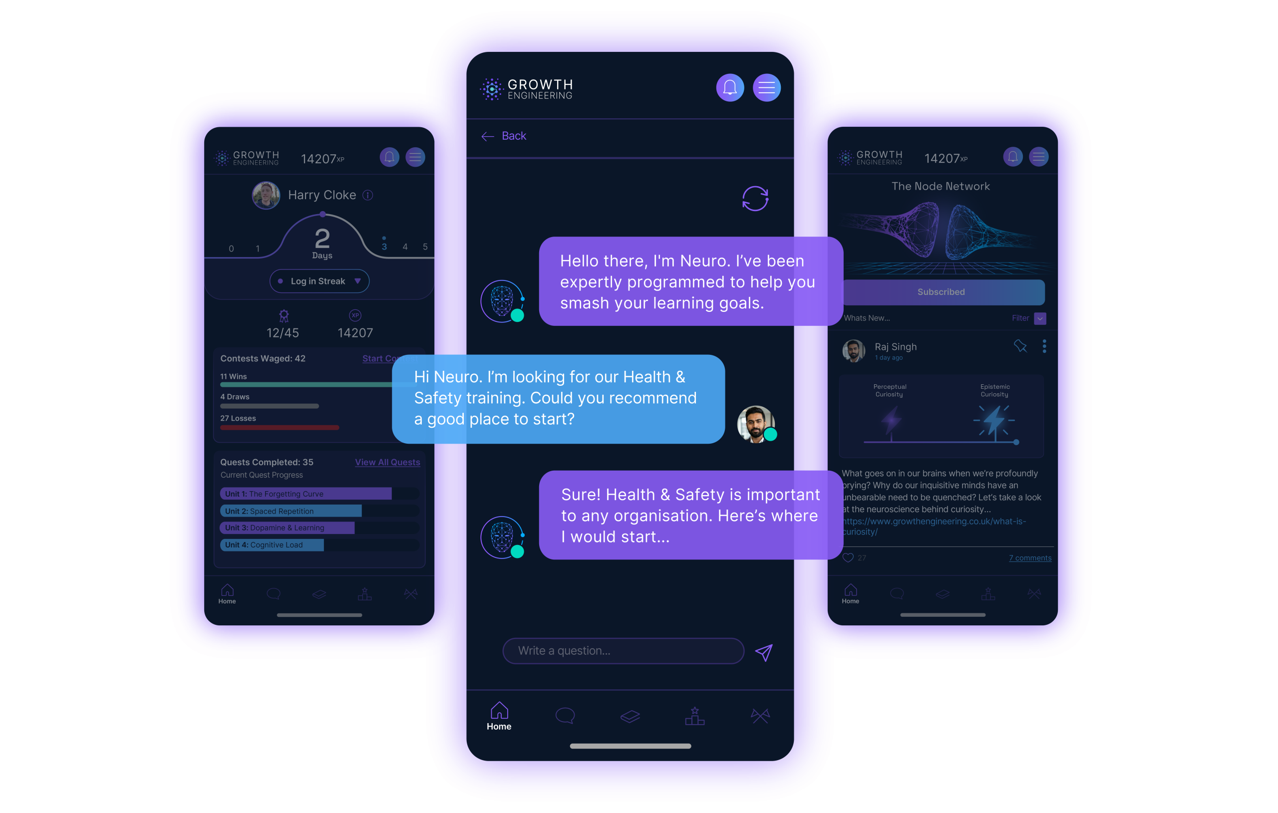 AI chatbot conversation mockup in dark mode showing a health and safety chat