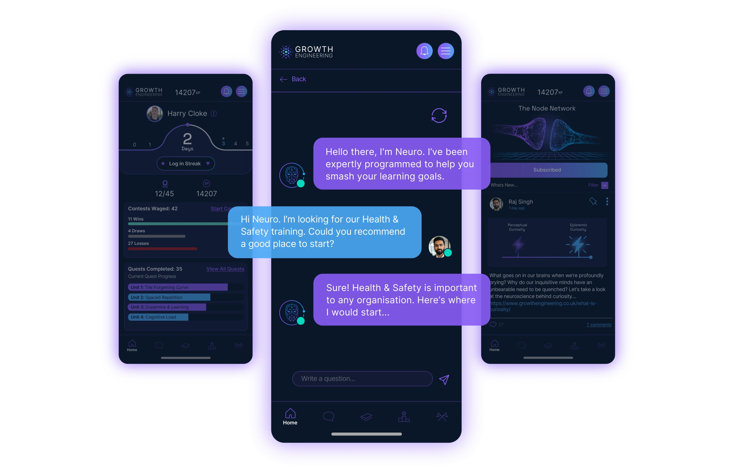 AI chatbot conversation mockup in dark mode showing a health and safety chat