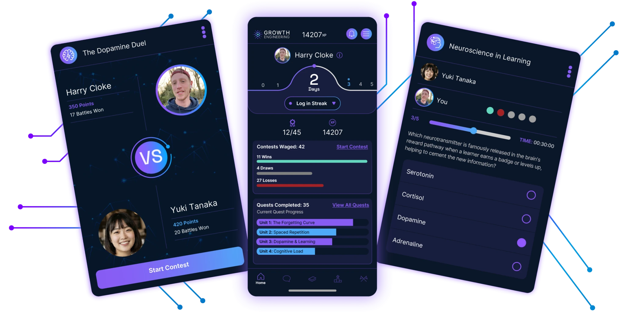 Growth Engineering Learning App showing gamification scorecard, streaks, quests, and neuroscience learning content on three mobile screens