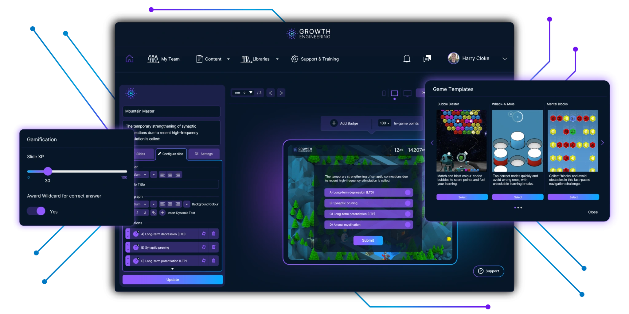 Growth Engineering Authoring Tool showing gamification settings, content builder interface, and course editing screens on three screens