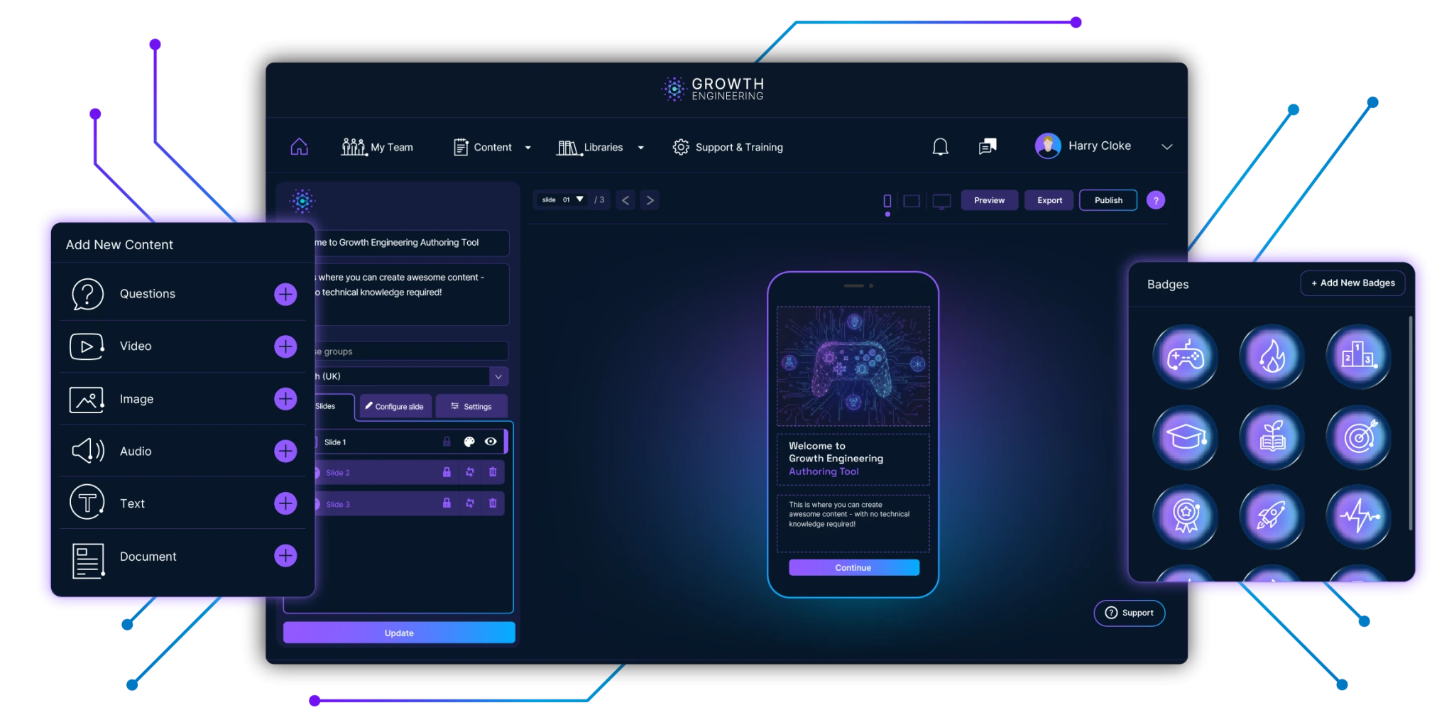Growth Engineering Authoring Tool showing content type menu, mobile game preview, and game template selection screens