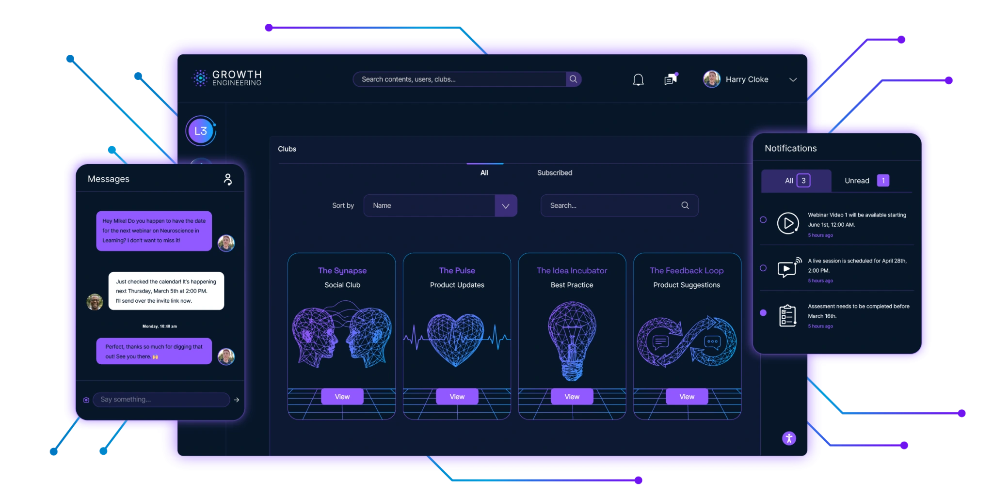Growth Engineering LMS showing Messages panel, social learning Clubs, and Notifications