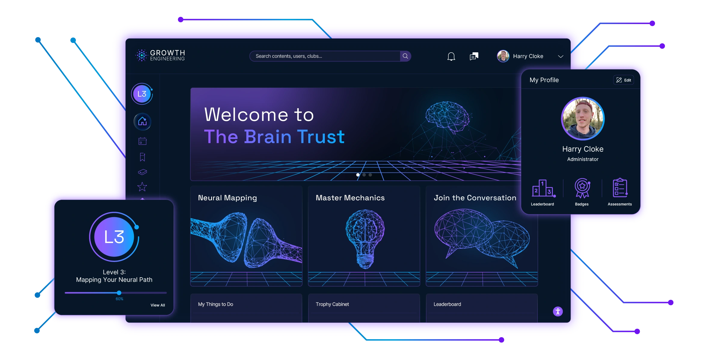 Growth Engineering LMS desktop homepage showing Welcome to The Brain Trust with Neural Mapping, Master Mechanics, and user profile features