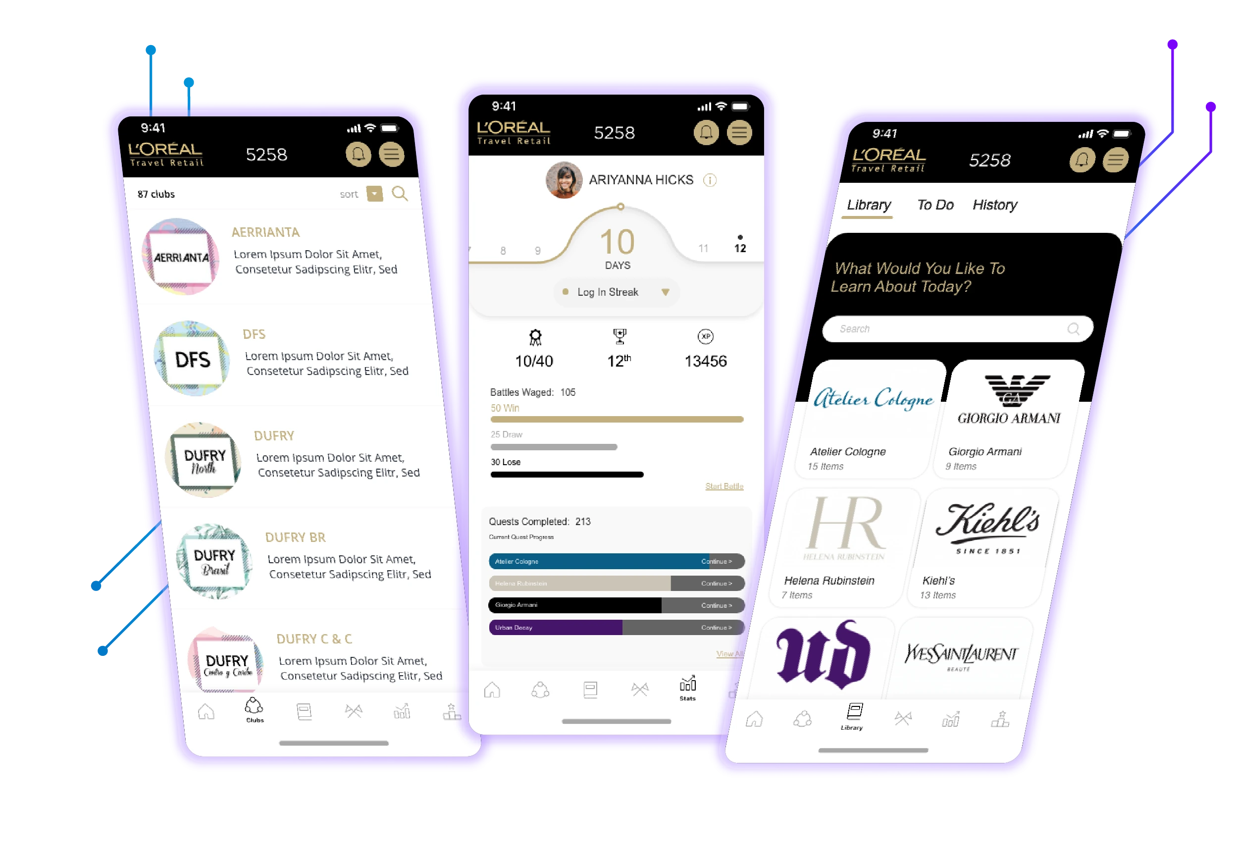 L'Oréal Travel Retail app showcasing Clubs, Scorecard, and Library